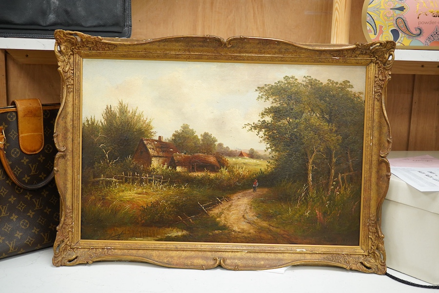 George Bates (act. 1883-1888), oil on canvas, 'A Lane near Stratford upon Avon', signed and dated 1878, 39 x 60cm, ornate gilt frame. Condition - good, some craquelure throughout